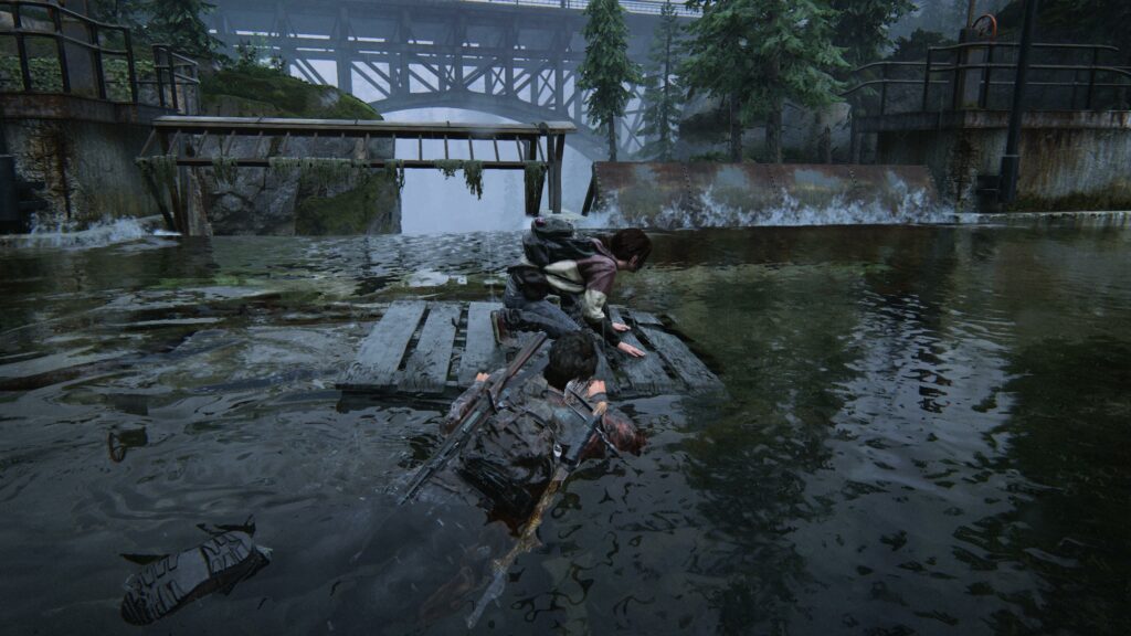 Joel trainant Ellie sur un radeau face à une cascade