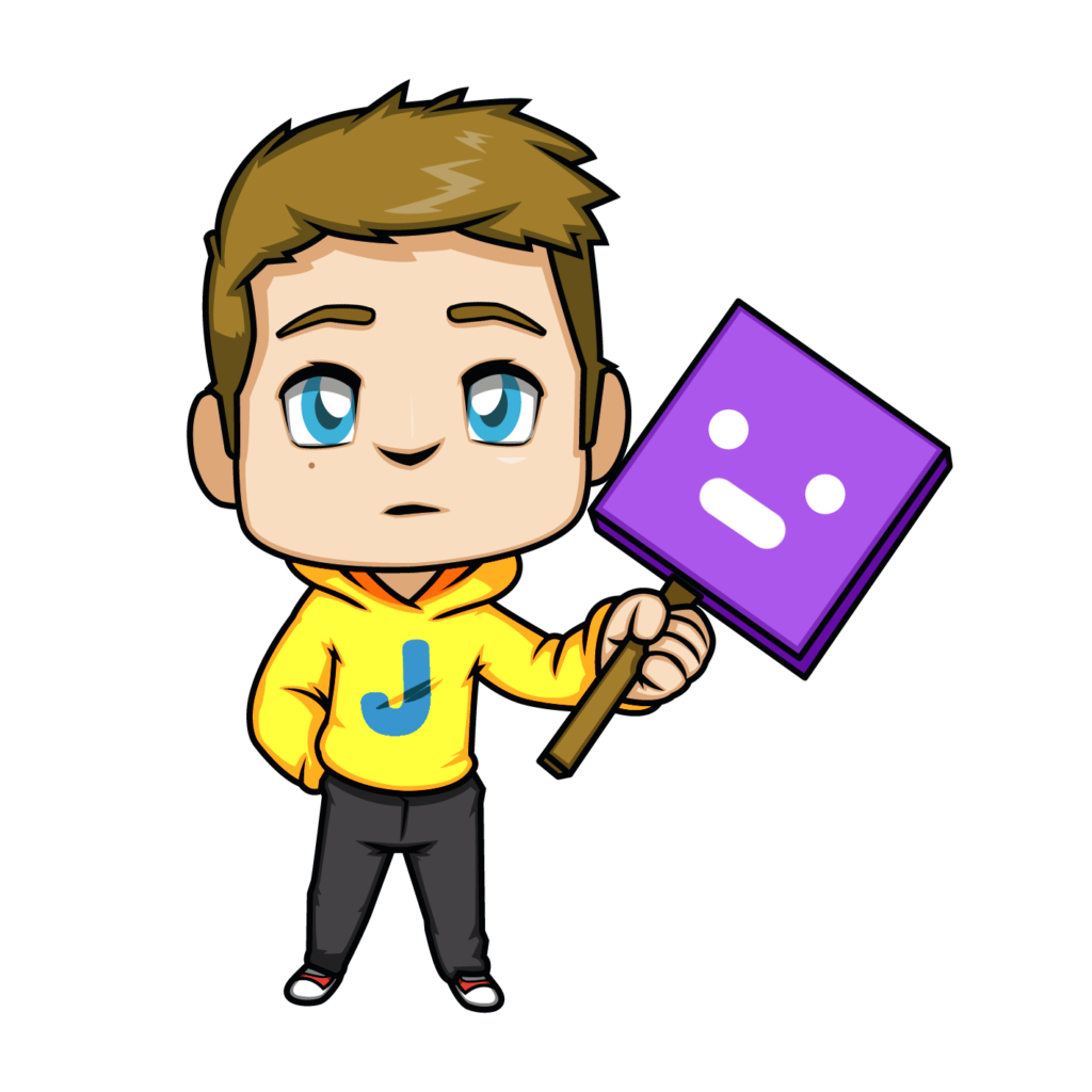 Visage neutre de Johan, avec une pancarte violette montrant un emoji pokerface